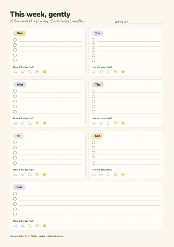 Preview of the weekly habit planner printable